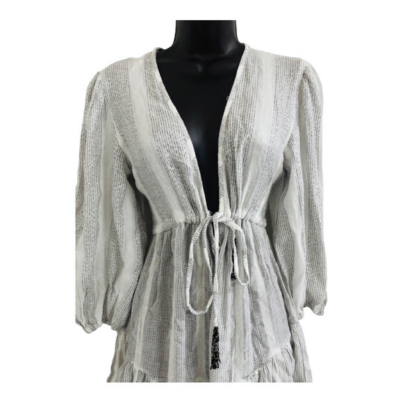 Blue Island white silver metallic low cut blouson sleeve embroidered mini dress - Picture 14 of 16